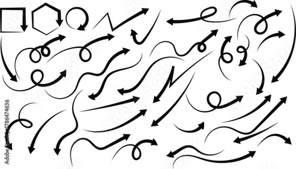 Obraz Black Hand- Drawn Arrows and Swirls on White Background doodle hand-drawn