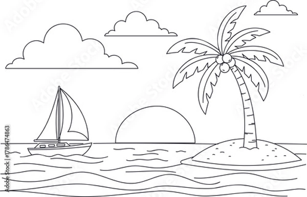 Obraz Outline Drawing of a Tropical Island Sunset with Sailboat and Palm Tree vector illustration