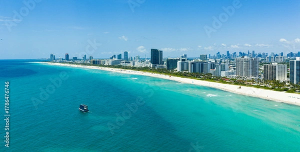 Obraz Drone aerial view of Miami sandy beach. Wide drone shot of Miami Beach and ocean.