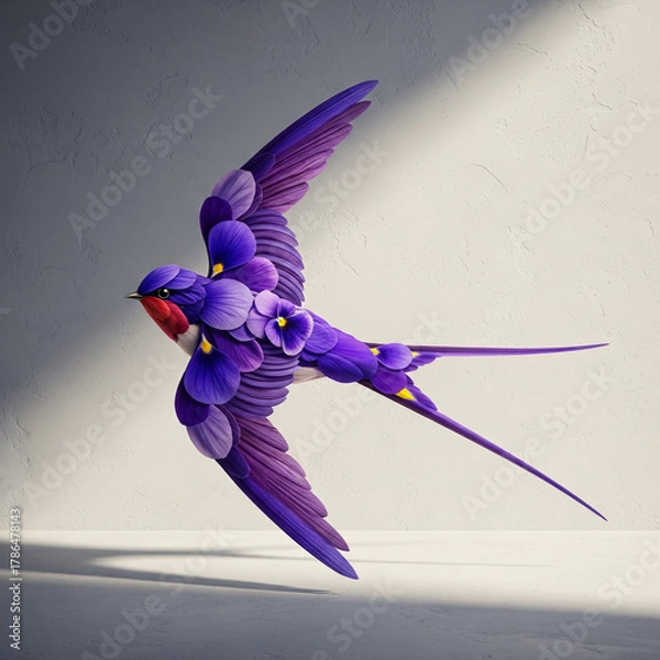Fototapeta Surreal art of a flying swallow, its feathers intricately crafted from purple pansy petals. A creative concept of nature's beauty, imagination, freedom, and the delicate transformation of spring.