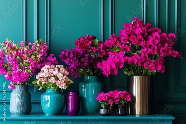 Obraz A chic workspace decorated with deep teal and fuchsia flowers in stylish vases,