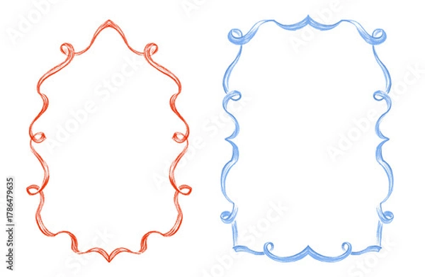 Fototapeta Red and blue whimsical hand-drawn frames with playful, charming, festive ribbon swirls for greeting cards, wedding invitations, posters, and holiday designs