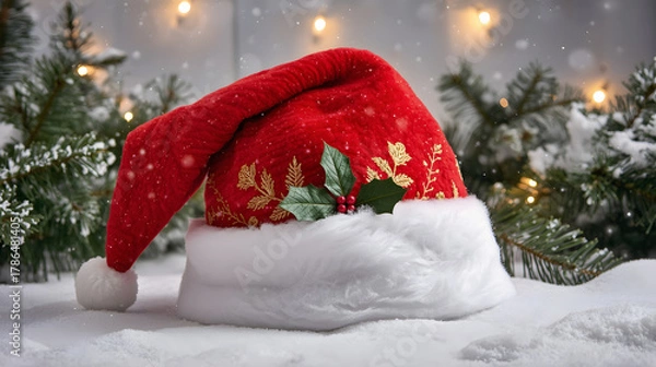 Fototapeta Closeup of a red santa hat with white fur trim and gold holly leaf accents, resting on a snowy surface with blurred festive lights