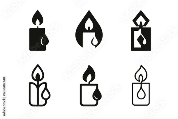 Fototapeta Candle Logo Variations. Candle making with unique scents and colors. Set Logo of Candle making: wick and droplet of wax. Icon set. harmonious logo variations