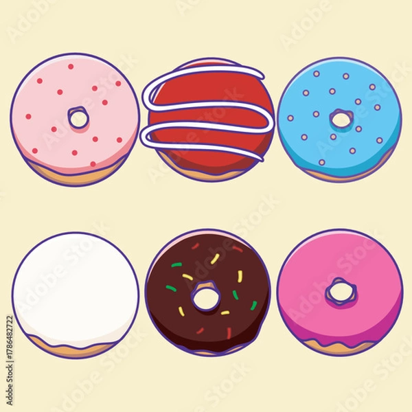 Fototapeta Set of cute donuts with red, blue and chocolate and colorful sprinkles. Vector flat illustrations collection