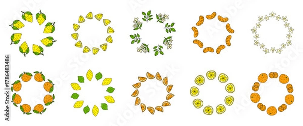 Fototapeta Set of cute round frame with doodle lemons, oranges, tangerines, limes, flowers, leaves isolated on white background. Natural summer illustrations. Circle compositions with citrus fruits.