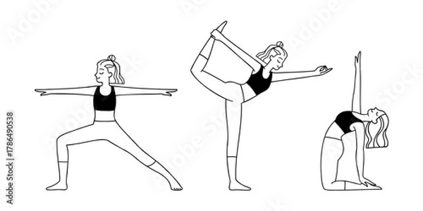 Obraz Line art drawing set of women with wavy hair practicing yoga, stretching in different poses. Vector illustration of female characters in asana. Warrior pose, Dancer pose, Camel pose. 