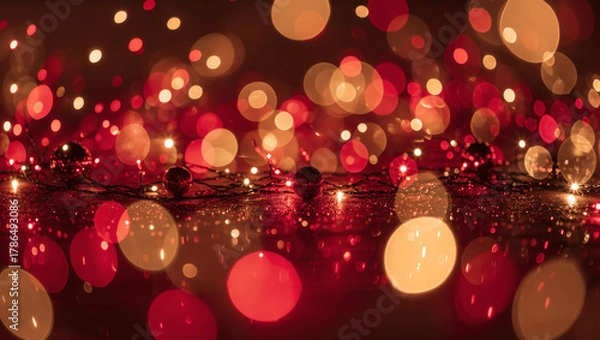 Fototapeta Abstract bokeh lights in red and gold tones, festive Christmas background, soft focus, no people