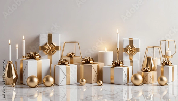 Fototapeta Luxury Christmas presents on marble surface with gold ornaments, elegant and modern style, soft lighting