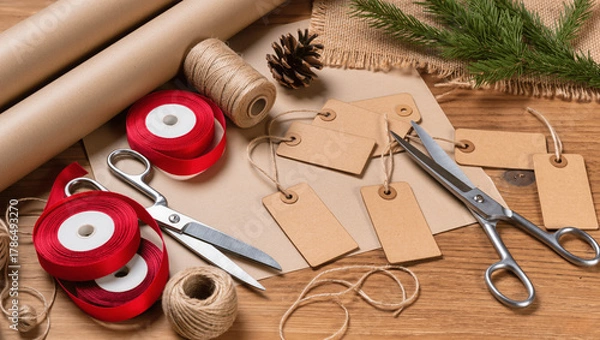 Fototapeta Cozy gift wrapping scene with scissors, ribbons, paper, and tags, rustic atmosphere, no humans