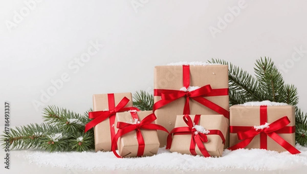 Fototapeta Christmas gift boxes wrapped in kraft paper with red ribbons, pine branches and snow, minimal background, no people