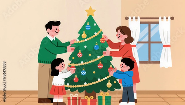 Fototapeta Family decorating a Christmas tree at home, soft lighting, joyful mood, flat vector illustration, minimal background