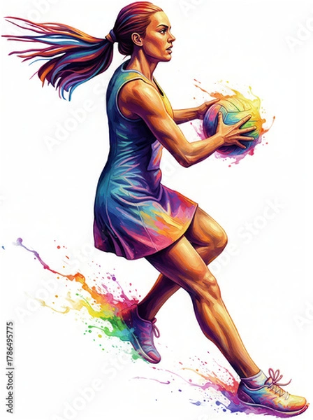 Fototapeta Isolated Rainbow Sports - Focused Female Netball Player Mid-Run With Vibrant Liquid Paint Splatter Movement