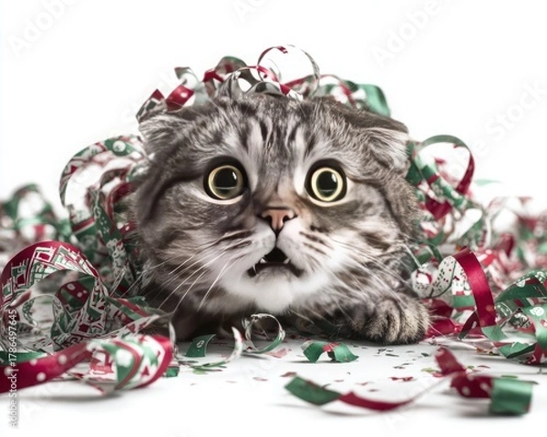 Fototapeta Surprised cat tangled in Christmas ribbons and paper hyperrealistic