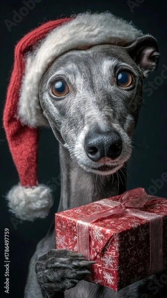 Obraz Dog in Santa hat unwrapping gift box with mischievous look