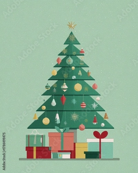 Obraz Minimalist flat Christmas tree with geometric ornaments and gifts
