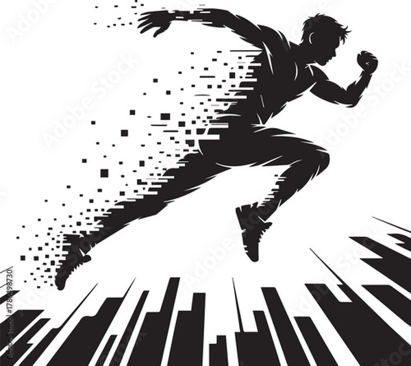 Fototapeta Black silhouette of a man running dissolving into pixels and abstract shapes running man
