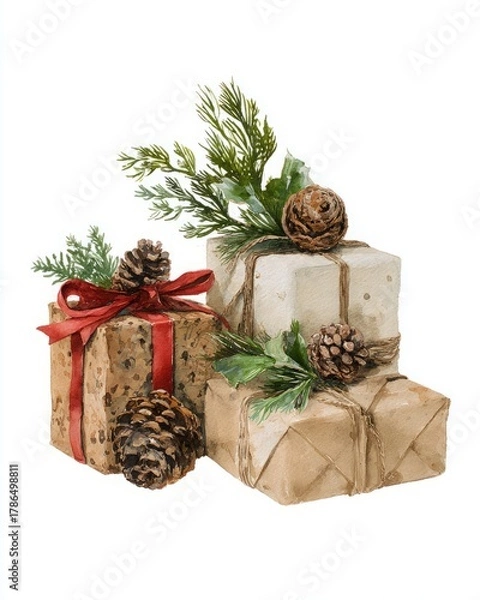 Obraz Gifts decorated with pinecones and juniper branches in watercolor