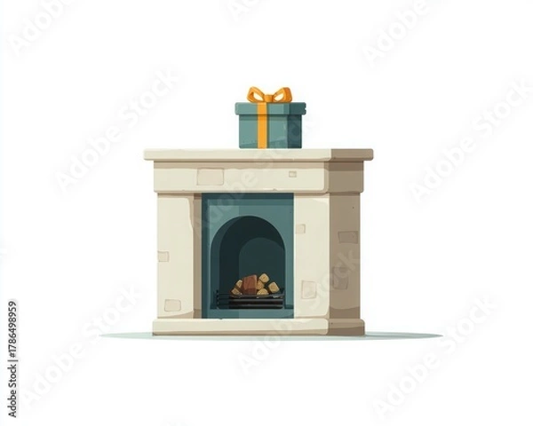Fototapeta Simple flat illustration of fireplace with gift on mantel