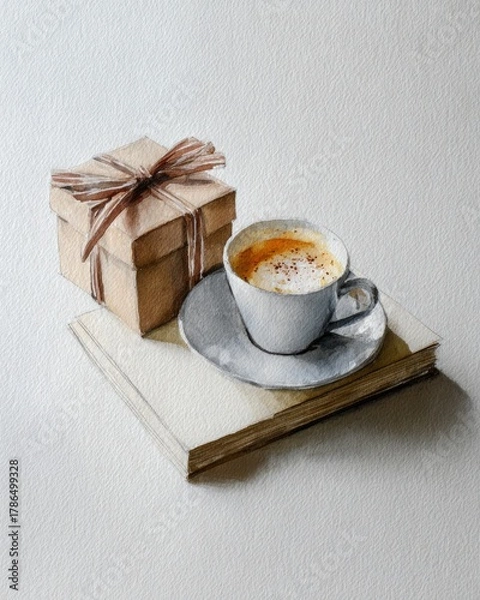 Obraz Minimalist watercolor painting of gift cocoa and book