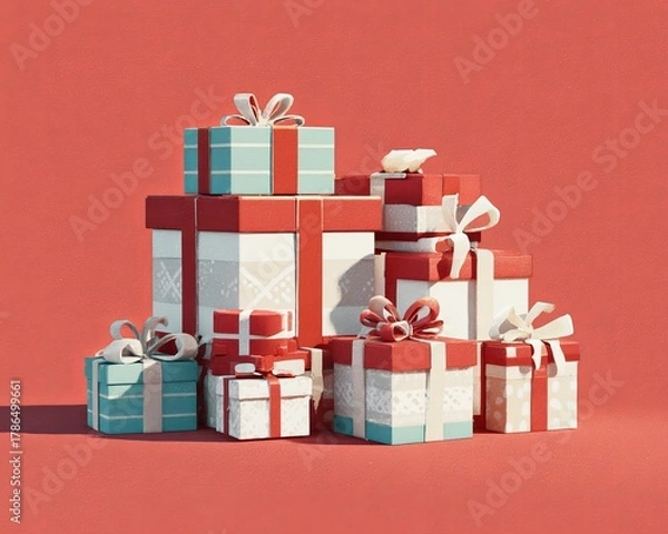 Obraz Santas workshop Flat illustration with neatly stacked gifts