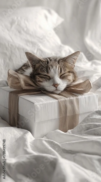 Obraz Cat Sleeping on Gift on Bed HyperRealistic Photo