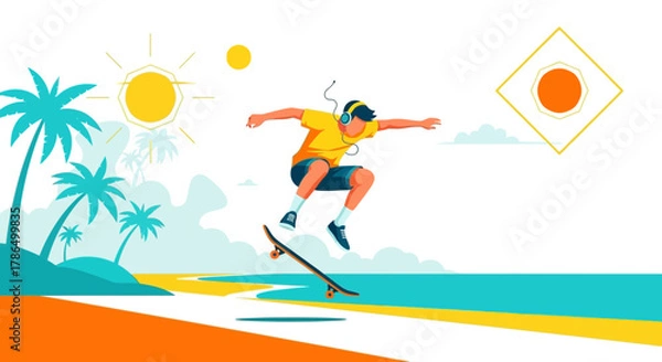 Obraz Skateboarder Performing A Mid-Air Jump Near The Beach With Palm Trees and Sunny Day