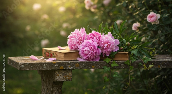 Fototapeta Romantic still life of a bouquet of pink peonies on a vintage book, resting on a rustic stone bench in a garden. Magical golden hour light creates a nostalgic and peaceful atmosphere.