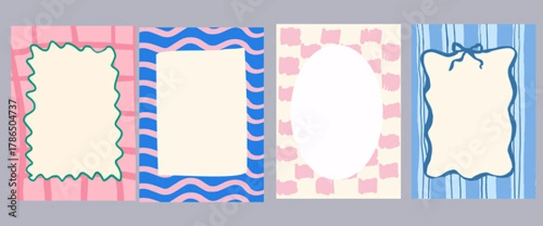 Fototapeta A set of vertical card templates in a cute hand-drawn style, vintage frames, and striped or checkered patterns. Ideal for invitations and social media stories. Dophamine design
