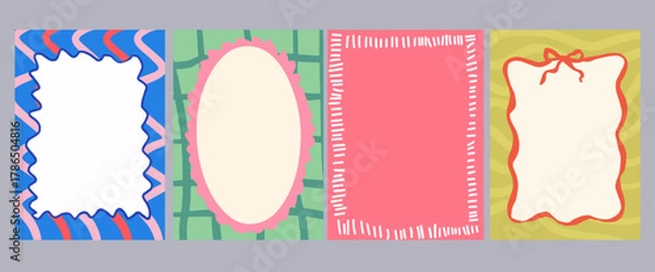 Fototapeta A set of vertical card templates in a cute hand-drawn style, vintage frames, and striped or checkered patterns. Ideal for invitations and social media stories. Dophamine design