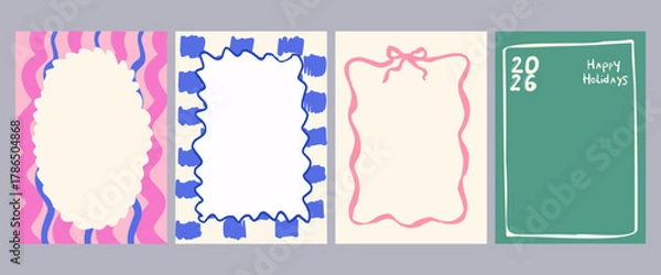 Fototapeta A set of vertical card templates in a cute hand-drawn style, vintage frames, and striped or checkered patterns. Ideal for invitations and social media stories. Dophamine design