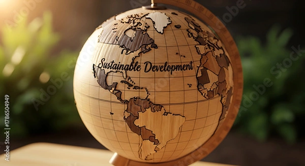 Fototapeta Wooden globe with "Sustainable Development" text, eco focus