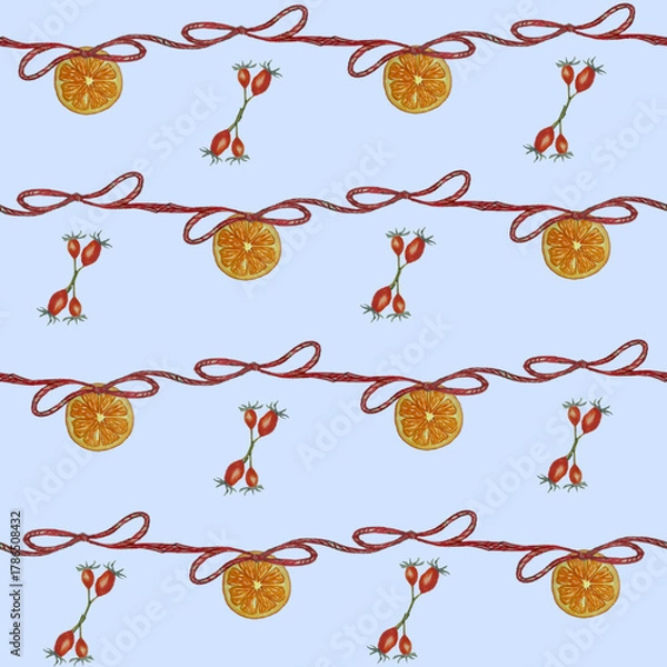 Fototapeta Dried Orange and Rosehip Garland Pattern 1