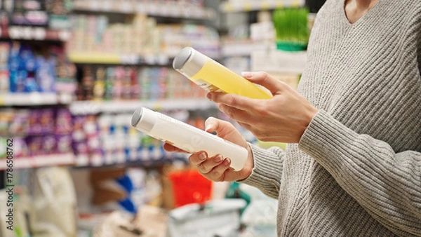 Obraz Woman comparing dog or cat shampoo in pet store. Responsible pet owner choosing pet care products. Customer reading the label and checking ingredients before purchase, choosing pet grooming product.