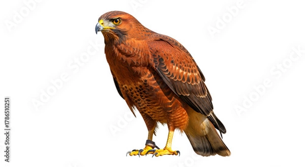 Obraz Harriss Hawk portrait isolated on white a beautiful bird of prey with brown and reddish-brown plumage