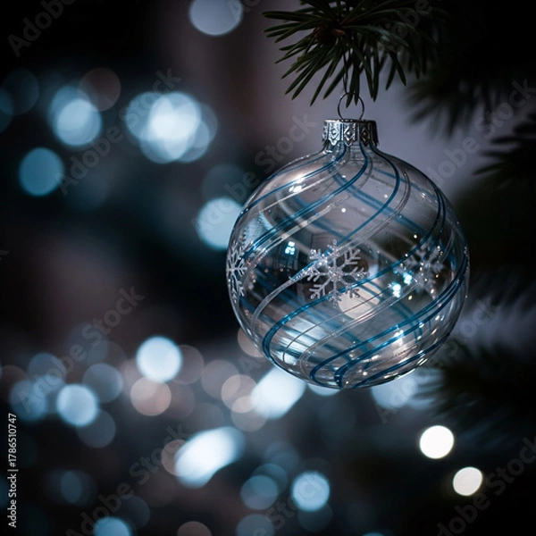 Fototapeta Elegant close-up of a glass Christmas bauble with blue swirls and snowflake design, hanging on a fir tree. A serene and magical holiday background with cool-toned bokeh lights and copy space.