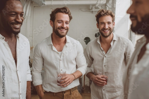 Obraz Men in light shirts standing indoors and holding drinks while smiling