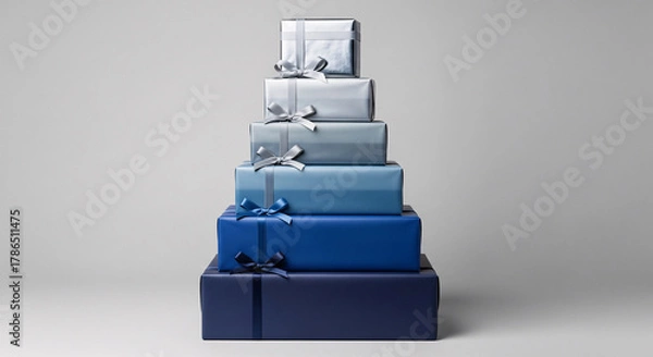 Fototapeta Elegant stack of gift boxes wrapped in a modern blue to silver gradient. A sophisticated tower of presents for a birthday, holiday, or corporate celebration, isolated on a clean gray background.