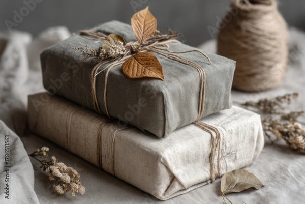 Obraz Christmas gifts wrapped in linen fabric with twine and dried plants on neutral background