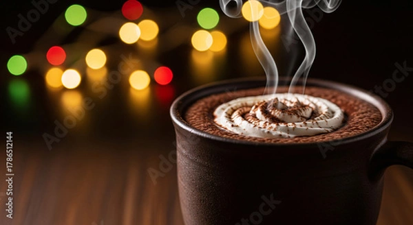 Fototapeta Festive mug of steaming hot cocoa with whipped cream, creating a cozy and warm winter holiday atmosphere. A delicious comfort drink with colorful Christmas bokeh lights in the background.