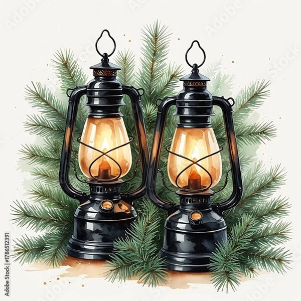 Obraz Pair of glowing black vintage lanterns with pine greenery, watercolor