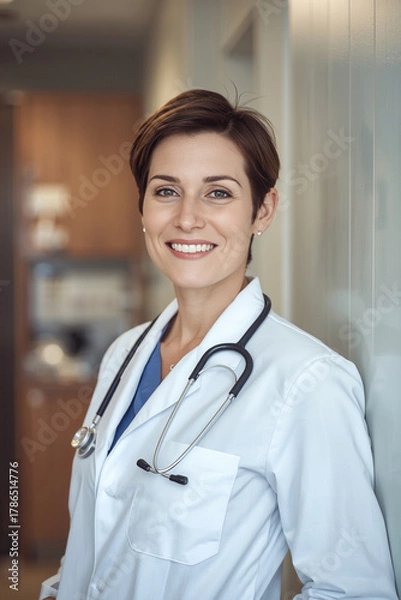 Fototapeta Smiling professional female physician standing confidently in a hospital uniform with a stethoscope