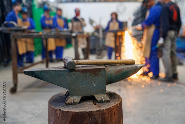 Obraz Anvil and hammer in artisan blacksmith workshop