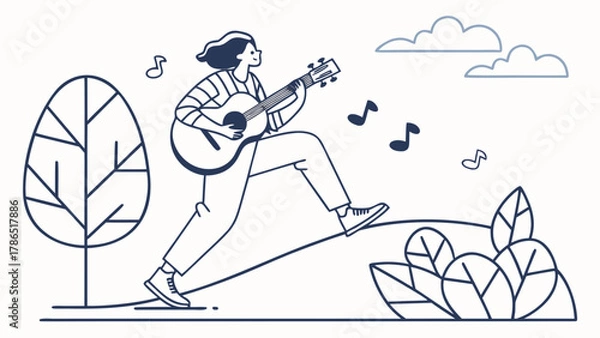 Obraz A person joyfully strums a guitar while walking outdoors, enjoying music.