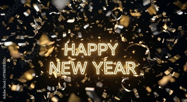 Fototapeta Illuminated New Year: Festive golden confetti rains down, celebrating the arrival of the New Year, with illuminated text announcing HAPPY NEW YEAR in a burst of festive joy.