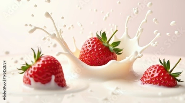 Fototapeta Ripe strawberries dropping into fresh milk producing artistic white splash formations against clean background