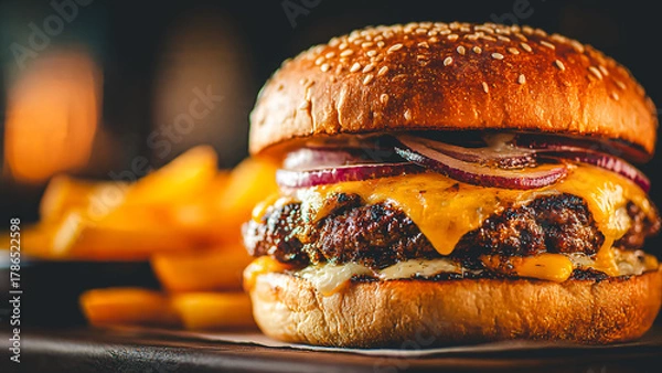 Obraz Cheeseburger avec steak, oignon rouge et fromage fondu