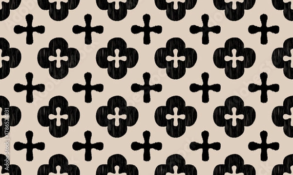 Obraz Black Geometric Cross Ikat Pattern on Beige Background. Traditional Ikat textile designs, minimal form, and handwoven texture give a modern yet ethnic aesthetic. Perfect for fabric design, wallpapers