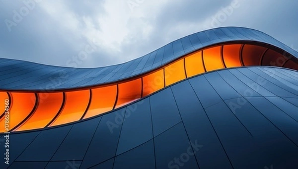 Obraz A creative architectural solution. A streamlined façade with a continuous horizontal window, glowing orange against a cloudy sky.A creative architectural solution. A streamlined façade with a continuo