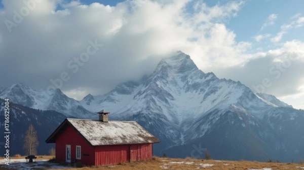 Obraz Rustic wooden cabin featuring snow-covered red roof with cloudy sky and snowy mountain peaks in background